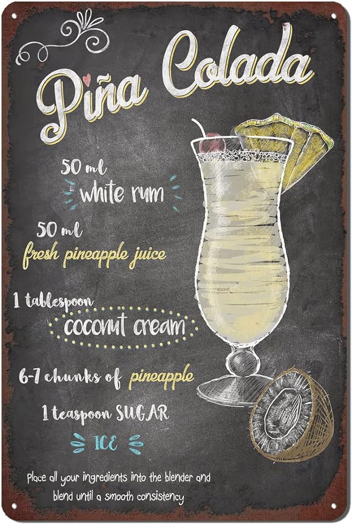 Cocktail Tin Sign, Vintage Cocktail Recipes Metal Sign, Bar Signs for Home Bar Wall Decor 12 X 8 Inch - Pina Colada