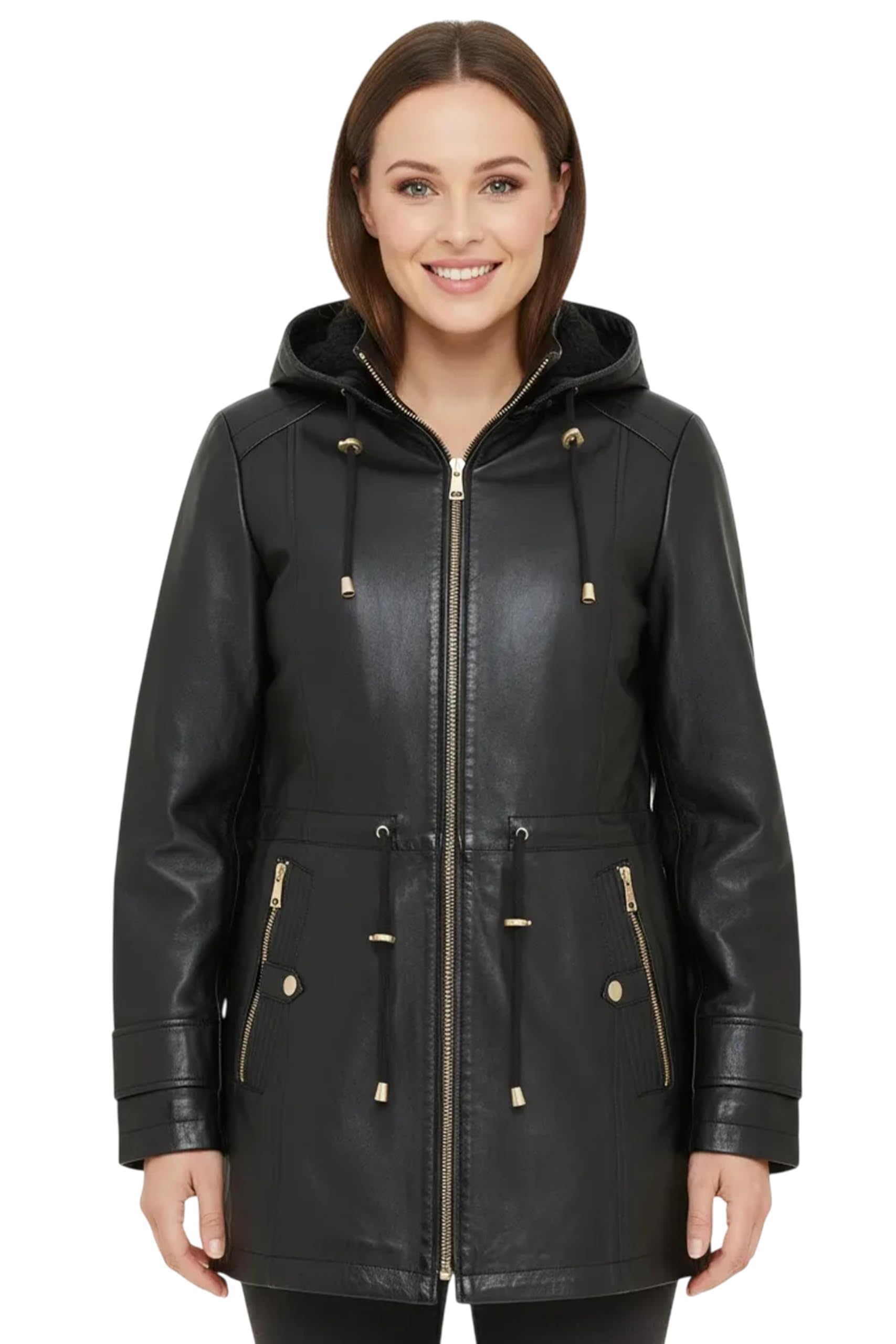 Womens Leather Parka Jacket Removable Borg Hooded Trench Coat