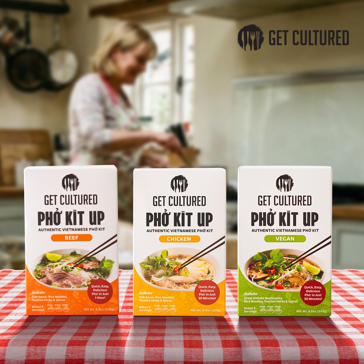 Get Cultured Box Beef Pho Kit – Authentic Vietnamese Pho Broth Base With Spice Bag, Rice Noodles, Fish Sauce Seasoning & Condiments – Flavorful & Authentic Pho at Home, 8.9 oz (3 Servings)