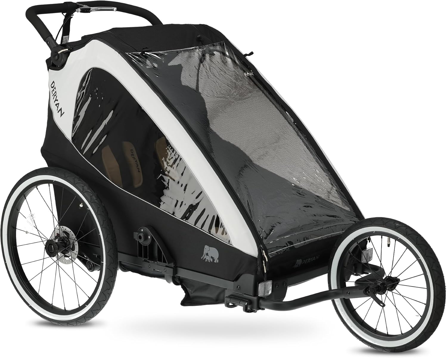 Deryan Deluxe 3-in-1 Bicycle Trailer in Cream DUO V2 configuration, shown as a jogging stroller with a large front wheel.