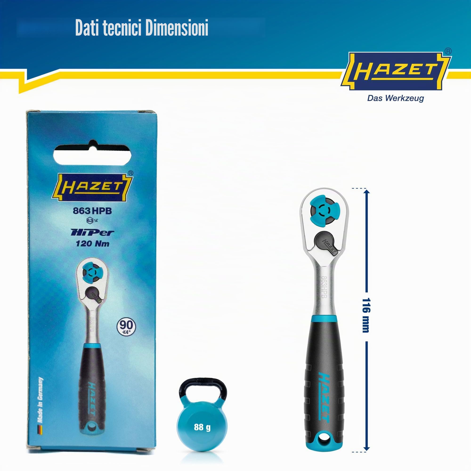 HAZET HiPer cricchetto reversibile a denti fini 863HPB per punte, Uscita:esagono 6,3 mm (1/4 di pollice), angolo di lavoro ridotto 4,estremamente resistente,Per l'utilizzo negli spazi più ristretti