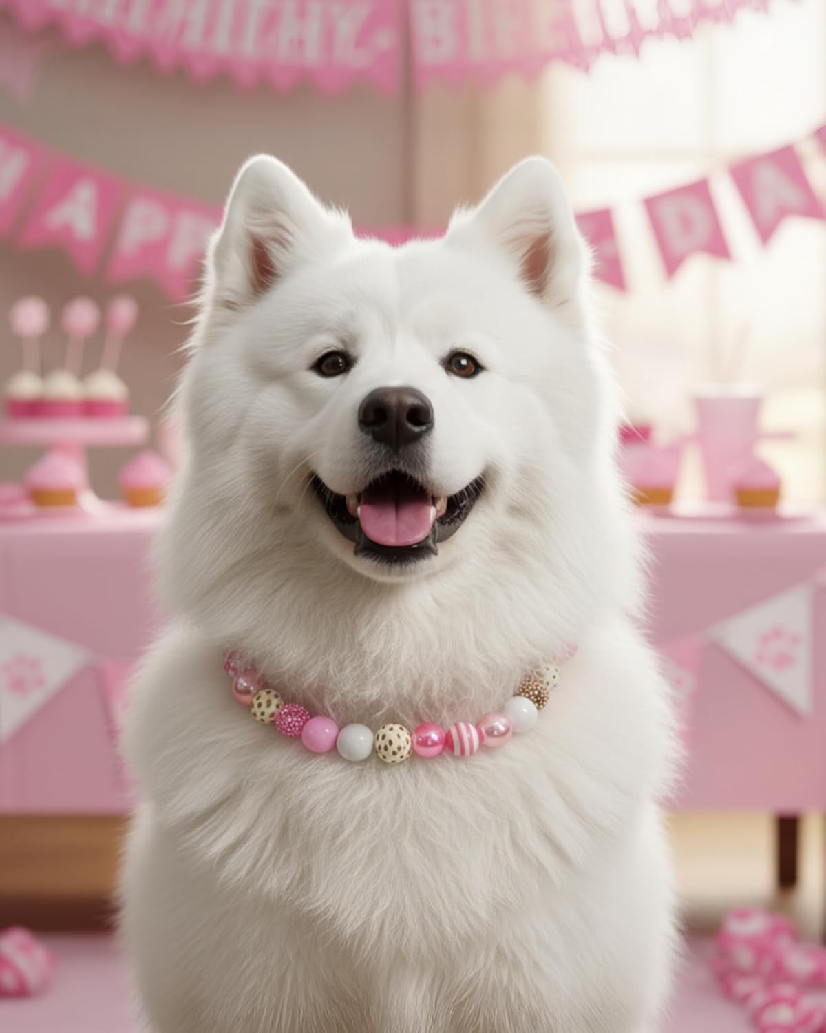 KUDES Valentine's Day Dog Collar - 20mm Chunky Bubblegum Pink Beads & Pearl Adjustable Necklace for Medium & Large Breeds, Strong Yet for Dog Moms (Pink, 2XL(20.5"-22.0"))