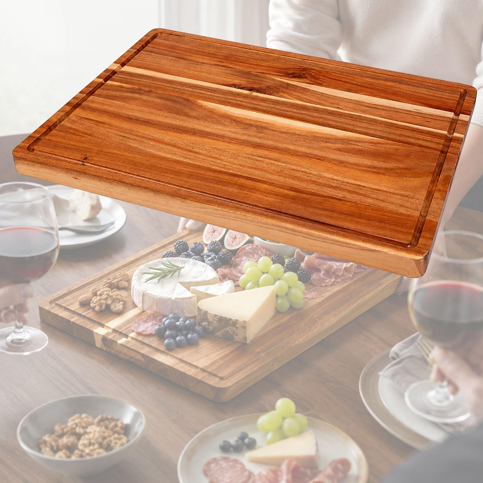 PSKJHN Acacia Chopping Board for Kitchens - Reversible Cutting Boards with Juice Groove for Cutting, Slicing And Carving Meat, Fish And Vegetables Brown,60x45cm