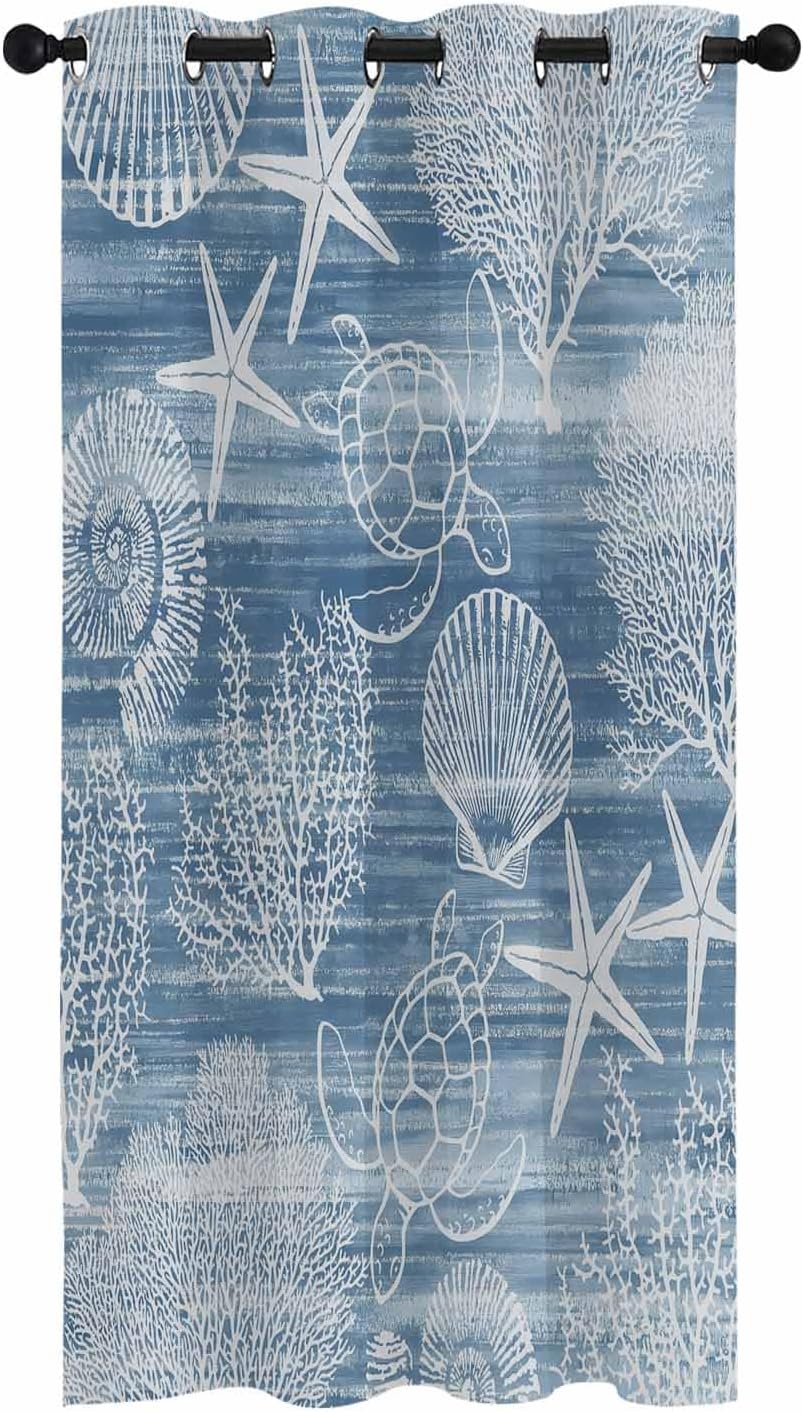 Ocean Blackout Curtain 54 inches Long for Living Room Bedroom, Turtles Shells Corals Summer Light Blue Room Darkening Window Drapes Grommet Thermal Insulated Curtain Panel for Home Sliding Door Decor