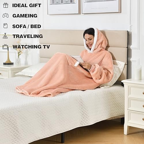 Miniatura 5 de Manta con capucha para mujeresniñoshombres, manta de gran tamaño y acogedora sudadera con capucha con forro de sherpa (rosa, de gran tamaño)