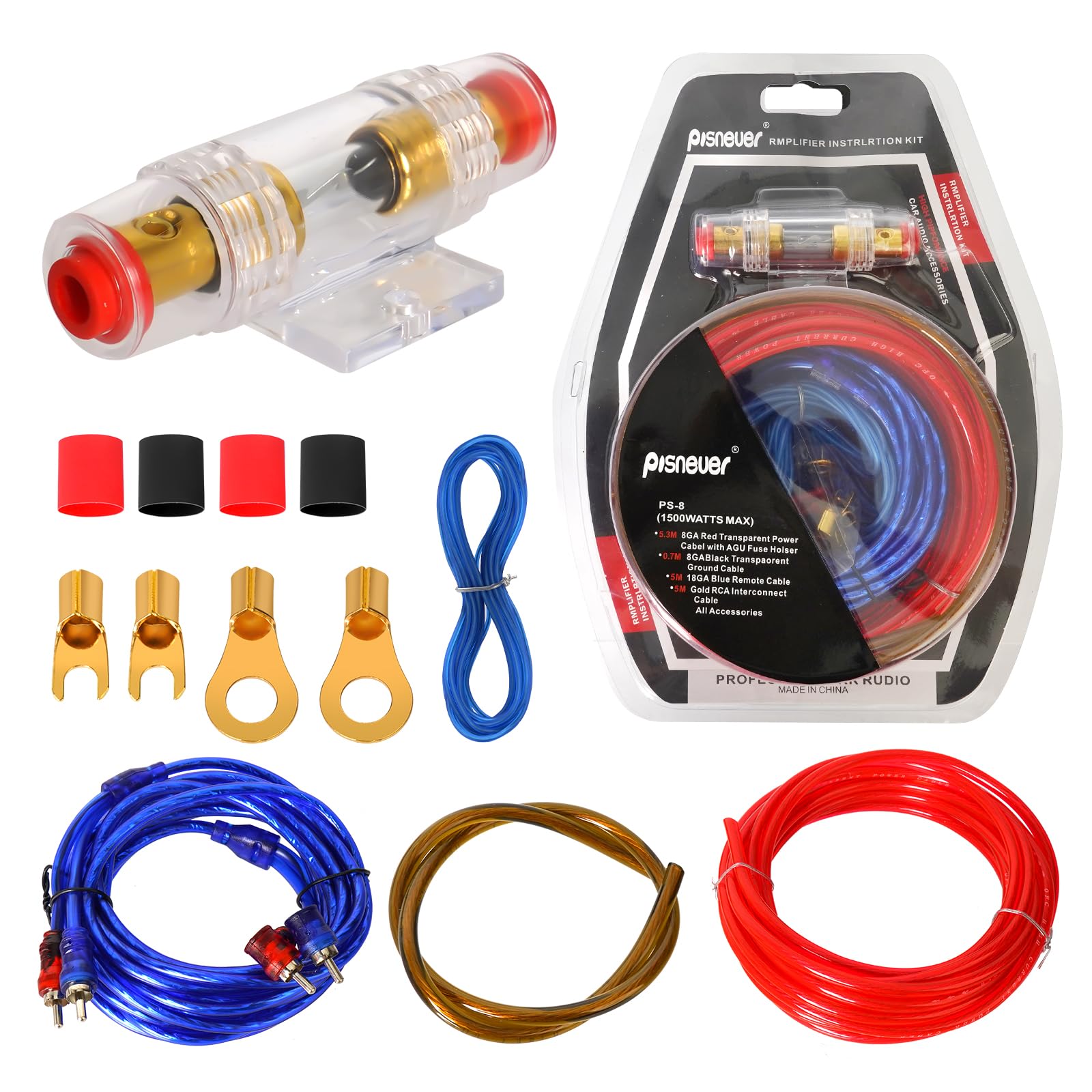 15pcs Set di Cavi per Amplificatori per Auto, 10GA Kit Completo Audio Auto, Kit Cablaggio Amplificatore Auto Subwoofer Audio, 1500W Stereo Subwoofer con Fusibile per Auto Camion Moto