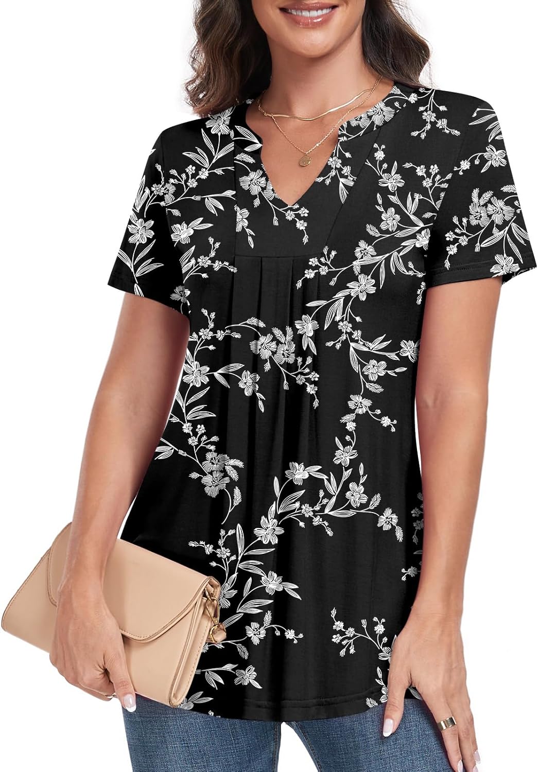 Womens Short Sleeve Tunic Tops 2025 Summer Dressy Casual Notch V Neck Shirts - Image 2