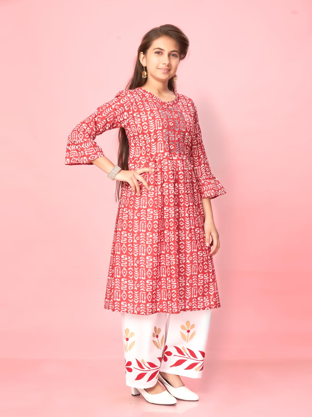 Aarika Girls Maroon-White Colour Cotton Printed Kurti Palazzo Set (Pl-K-548-Maroon-White-40)