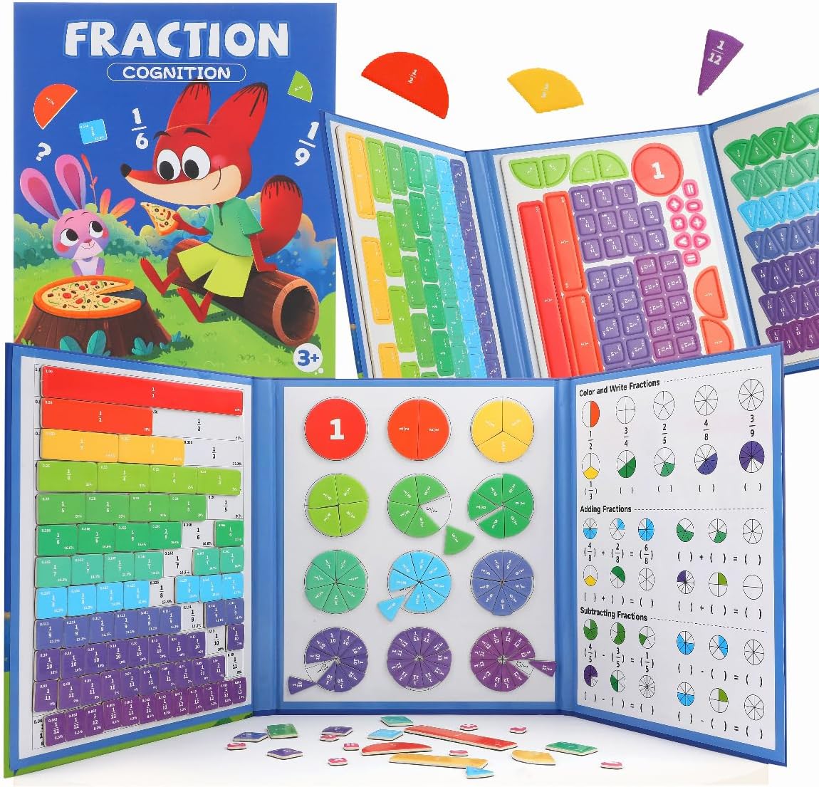 Magnetic Fraction Demonstration Book,Magnetic Fraction Tiles & Fraction Circles,Montessori Fraction Manipulatives Learning Games for Kids,Fraction Manipulatives for Elementary School (Fox)