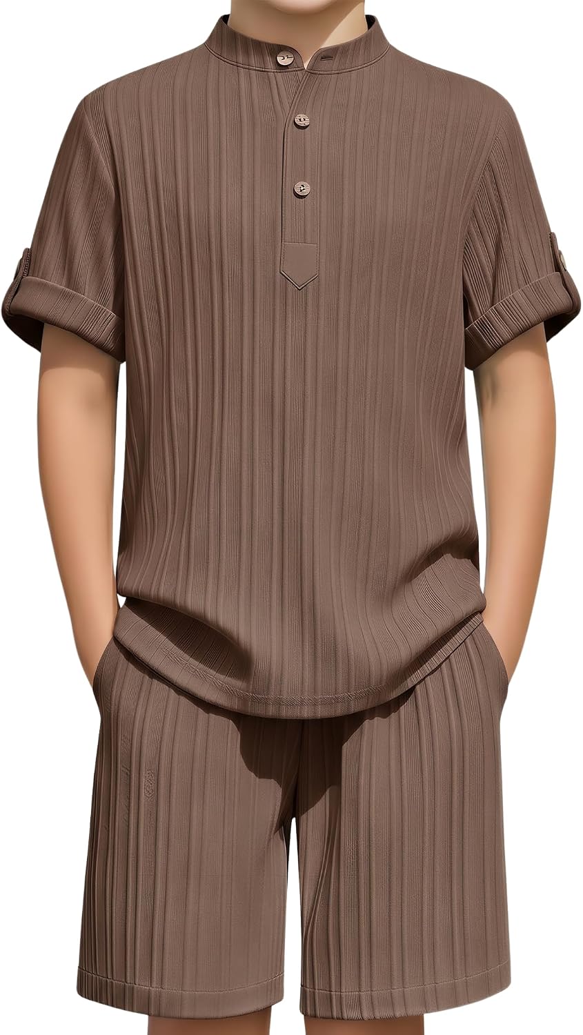 Arshiner Boys 2 Piece Summer Beach Outfits Textured Henley Shirts and Shorts Set Casual Vacation Clothes for 4-12 Years Kids