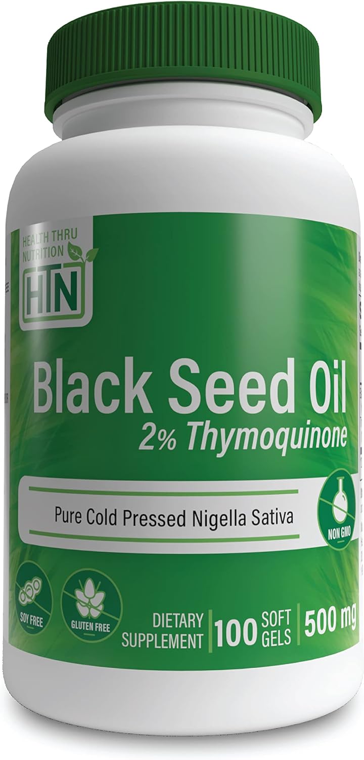 Health Thru Nutrition Black Seed Oil 500mg softgels | High Potency 2% Thymoquinone | 3rd Party Tested | Pure Cold Pressed | Organically Grown | Non-GMO, Gluten Free, Soy Free (Pack of 100)