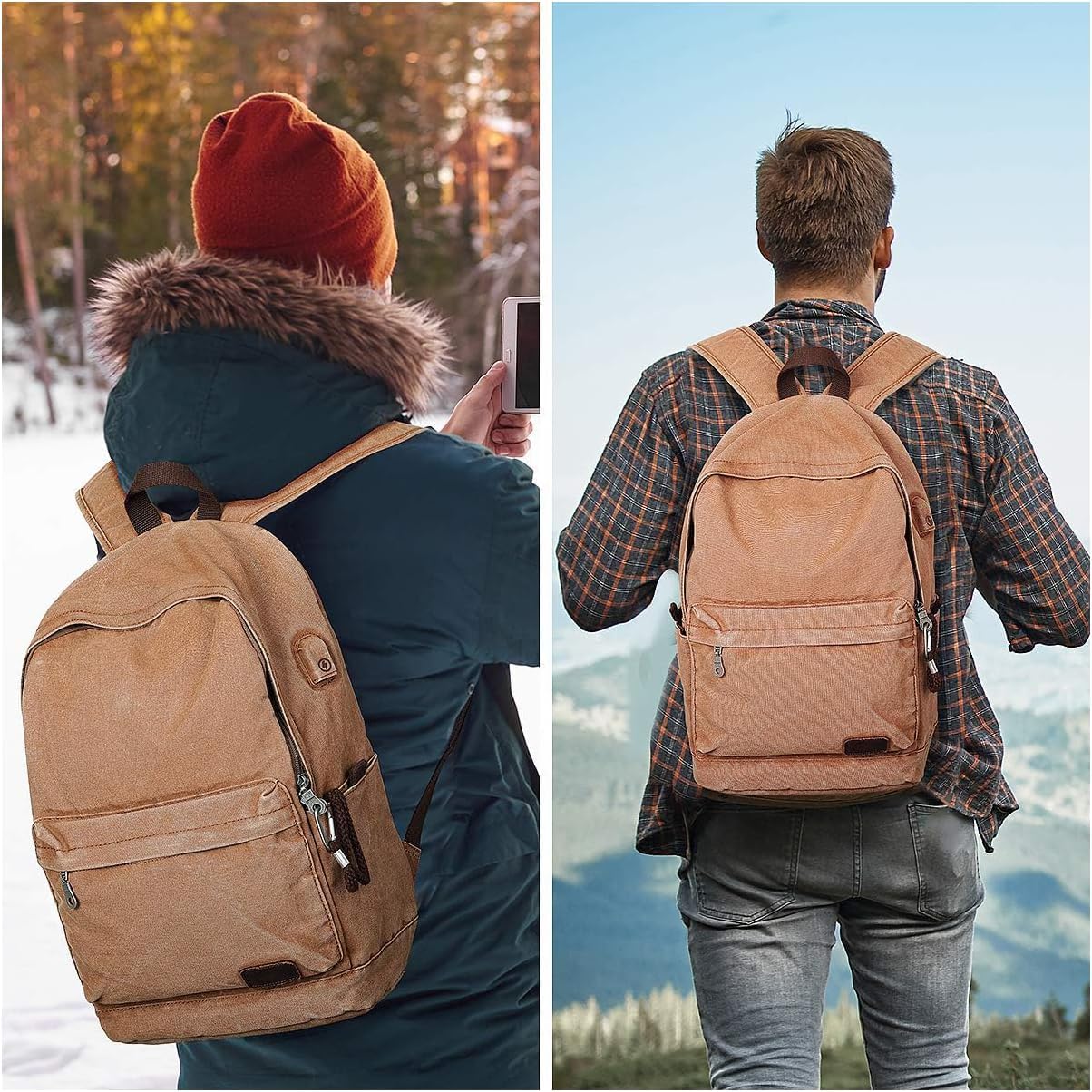 Muzze Canvas Backpack for Women and Men, Lightweight Classic Laptop Backpack with USB Charging Port for School, Travel and Daily Use, Khaki - Image 7