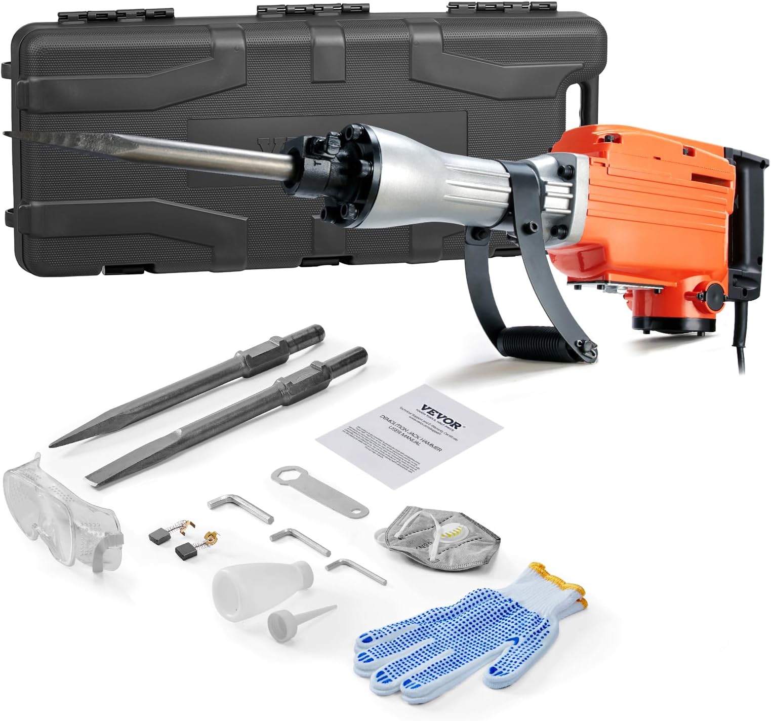 VEVOR Demolition Jack Hammer, MAX 2200W Electric Jackhammer Heavy Duty, 1350 BPM Concrete Breaker 2pcs Chisels Bit Chipping W/Case