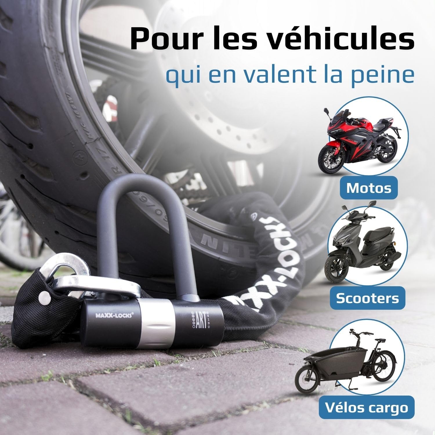 Tirau ART 4-120 cm - Antivol Moto et Scooter | Chaîne avec boucle et anse en U | Certifié ART pour moto, scooter et cyclomoteur