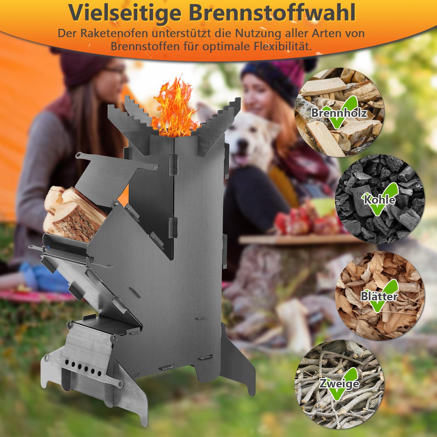 Raketenofen mit Grillplatte groß 5mm, Rocket Stove aus massivem 3 mm dickem Stahl, mit Feuerhaken, Kanonenofen Stecksystem mit 2 zusätzlichen Standfüßen，Holzofen Outdoor für Camping, BBQ, Dutch Oven