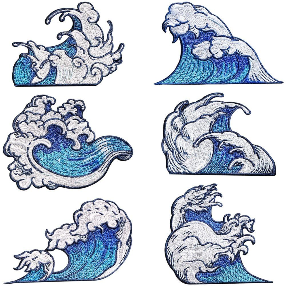 Ppmter 6 Pcs Sea Wave Sew on Patches Ocean Embroidered Applique, Retro Decoration for Cloths Hat Backpack Diy Craft