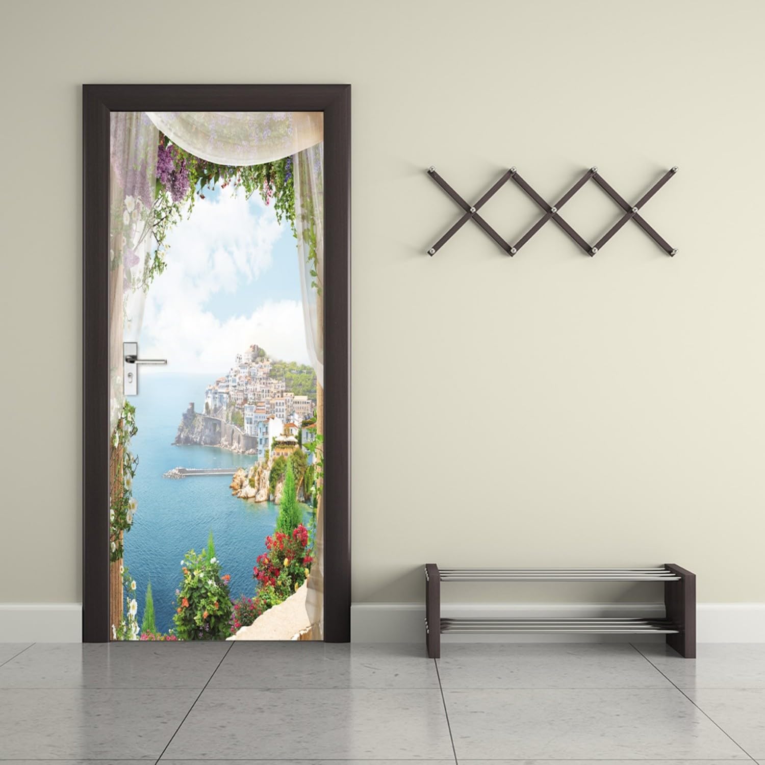 Trompe l'oeil Adesivi per Porte Finestra vista mare Autoadesiva Impermeabile,Vinile PVC, Carta da parati per pareti e porte poster per la camera da letto e il soggiorno 77 x 200 cm