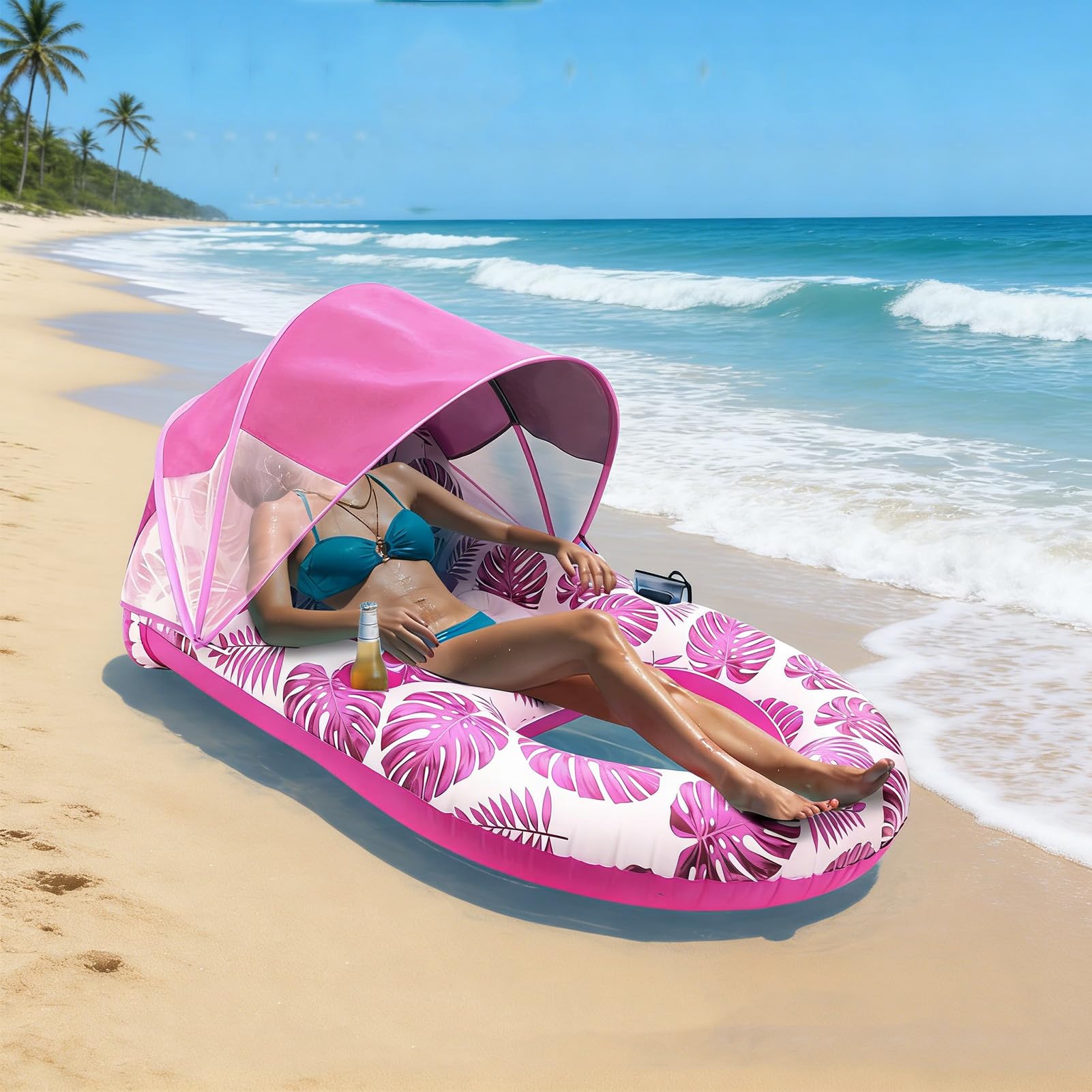 Flotador de Piscina con Toldo, Colchoneta Piscina Adultos con portavasos y Respaldo, Hamaca Flotante para Fiestas de Verano en la Piscina o la Playa,Azul