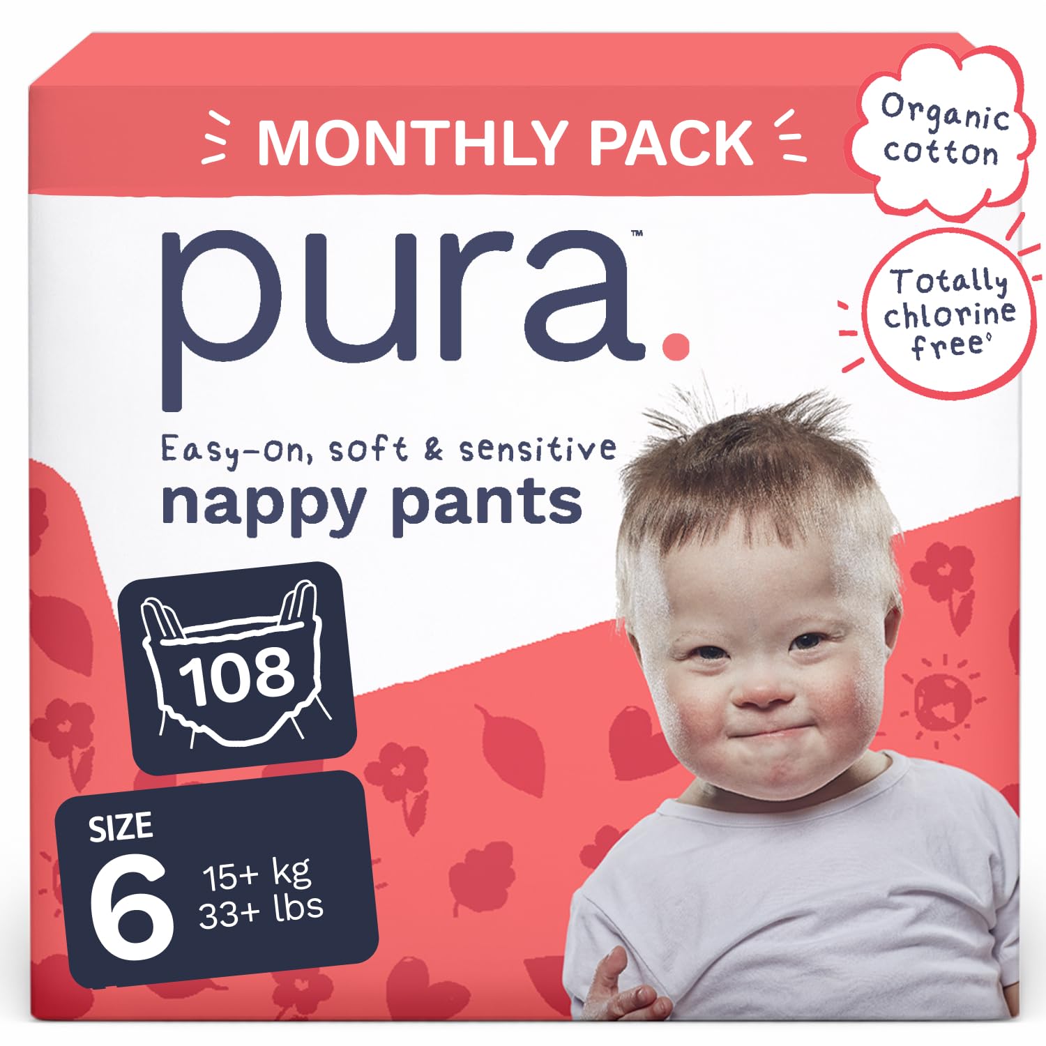 Pura Nappy Pants Size 6, 108 Count, 15kg+, 360° Stretch Fit, Potty Training Pants for Hypoallergenic & Sensitive Skin, Up to 12 Hours Overnight Leak Protection, Totally Chlorine Free