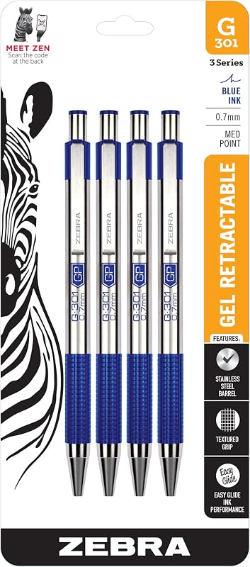 Zebra Pen STEEL G-301 Retractable Gel Pen, Blue Ink, 0.7mm, 4-Pack | Stainless Steel Barrel, Textured Grip, Easy-Glide Smooth, Skipless Ink, Fine Point Tip, Professional Design (41324)