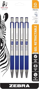 Zebra Pen STEEL G-301 Retractable Gel Pen, Blue Ink, 0.7mm, 4-Pack