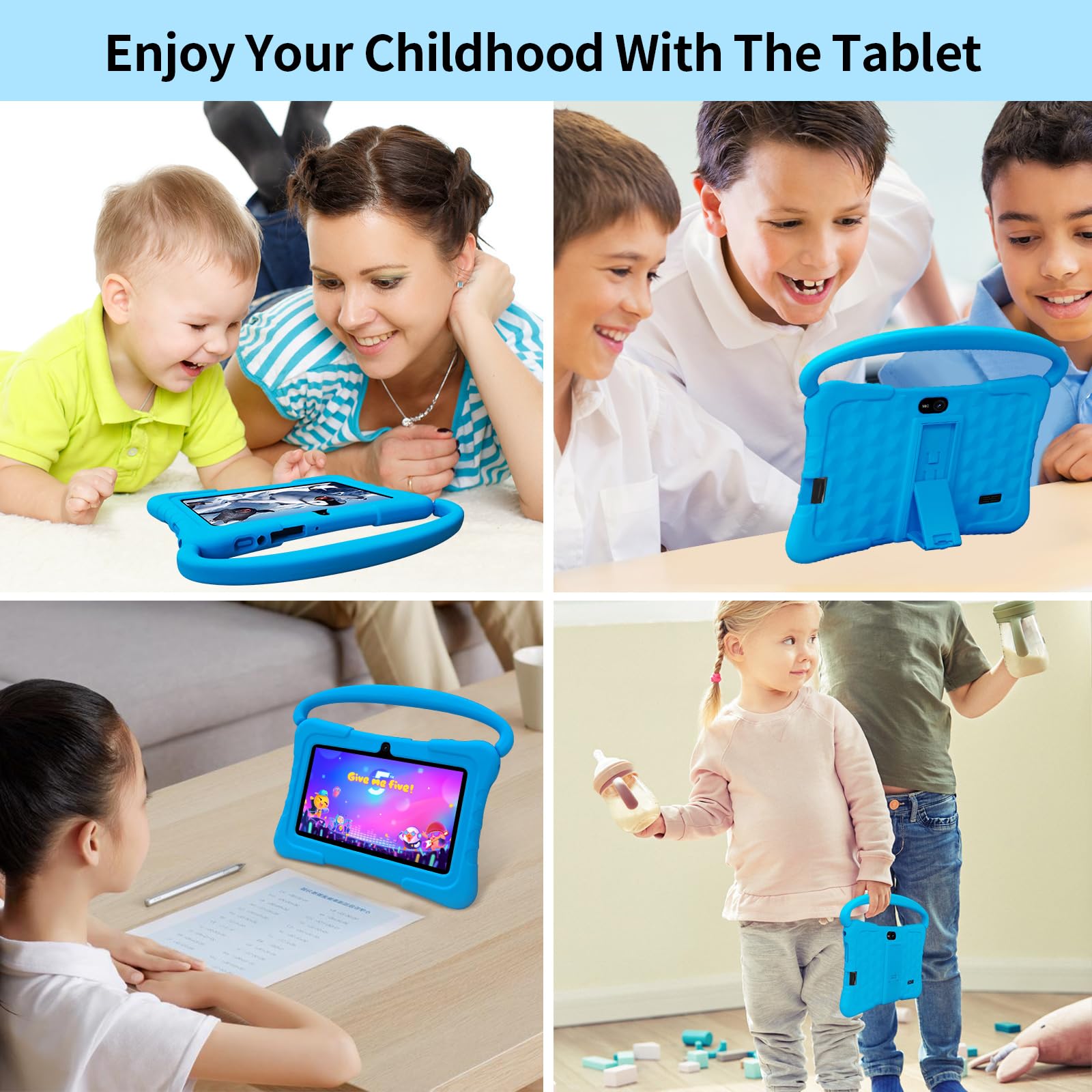 Tablet per bambini da 7 pollici, 32 GB, Android 13 con WiFi, doppia fotocamera, istruzione, giochi, software per bambini preinstallato, tablet PC con filtri per età, controllo genitori (blu)