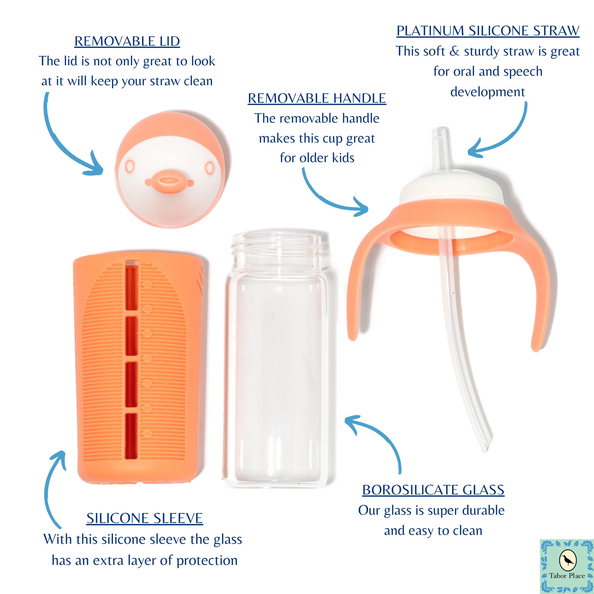 Tabor Place Set of 2 - Glass Sippy Cup for Toddlers - The Luca | Spill-Proof | Silicone Straw | Blue & Orange | 8 oz | Liquids Never Touch Plastic | Removable Handles… (Blue)