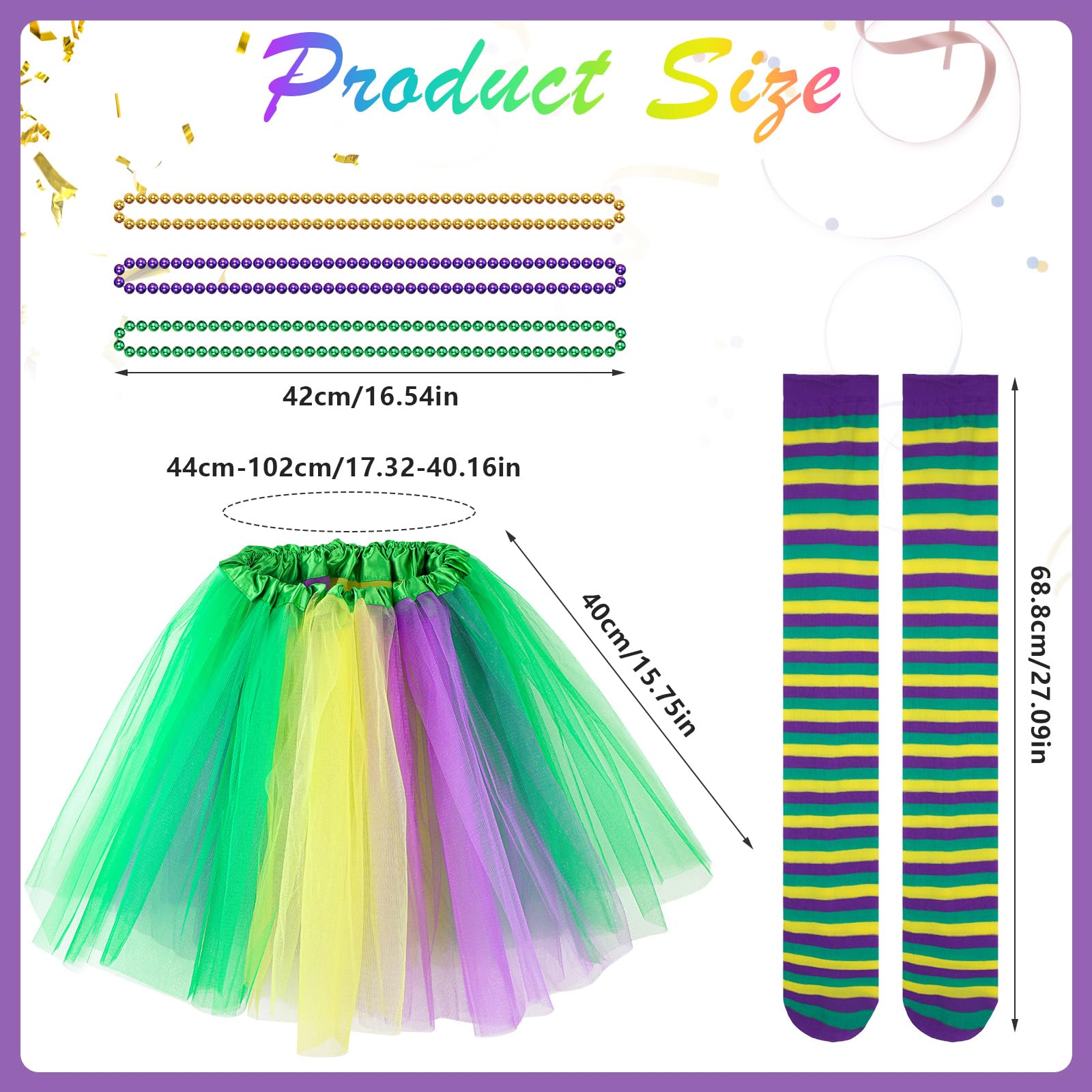Hifot 7 Pieces Mardi Gras Costume Accessory Set for Women Tutu Skirts Mardi Gras Beads Carnival Headdress Mask Long Socks Carnival Costume - Image 3