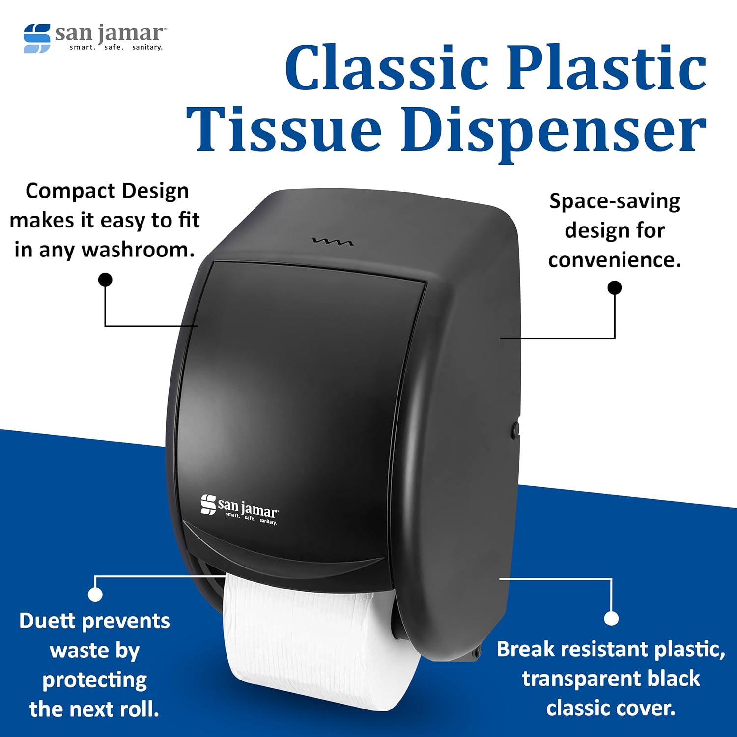 San Jamar Classic Plastic Tissue Dispenser, Toilet Paper Holder, Tissue Holder with Dependable Dispensing for Bathroom, Commercial, Office, Restaurants, Hospitals, Schools, 5.5 Inches, Black Pearl