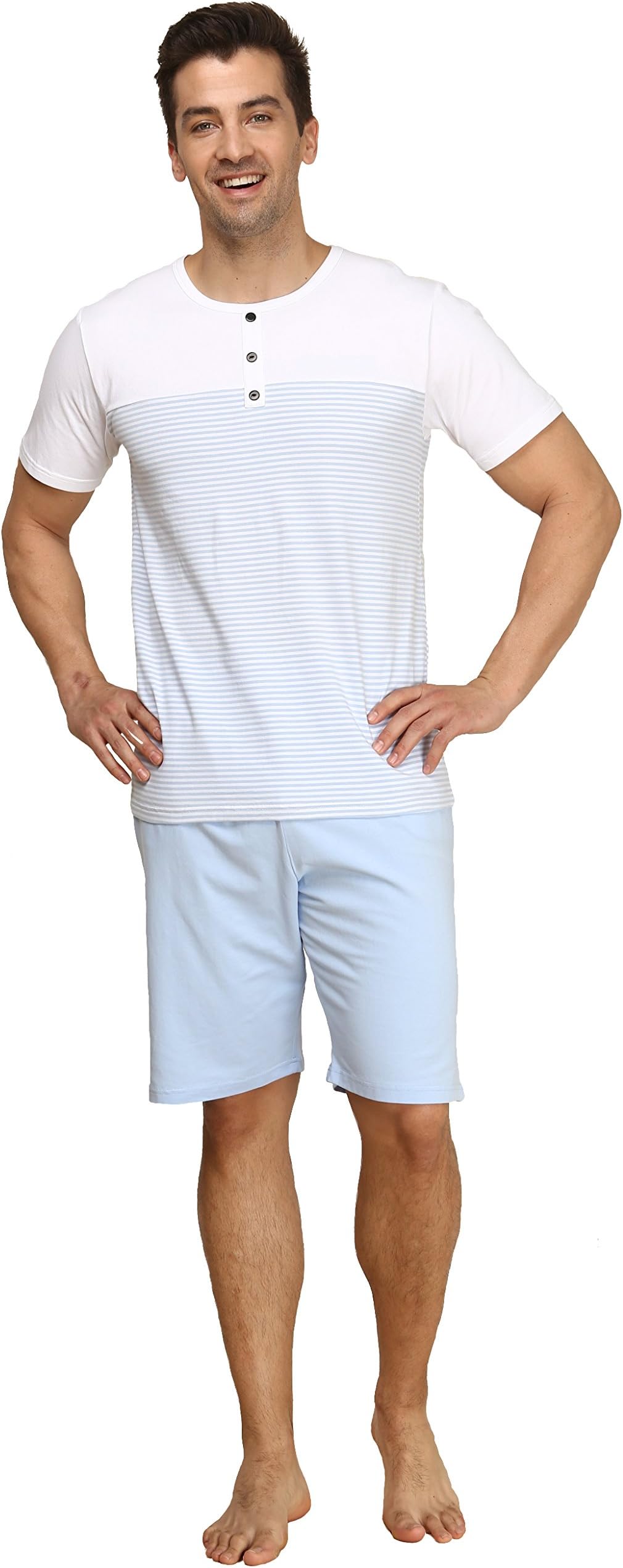 LEMONMOON Men's Cotton Classic Striped Top with Lounge Shorts Pajama 2 Piece Set