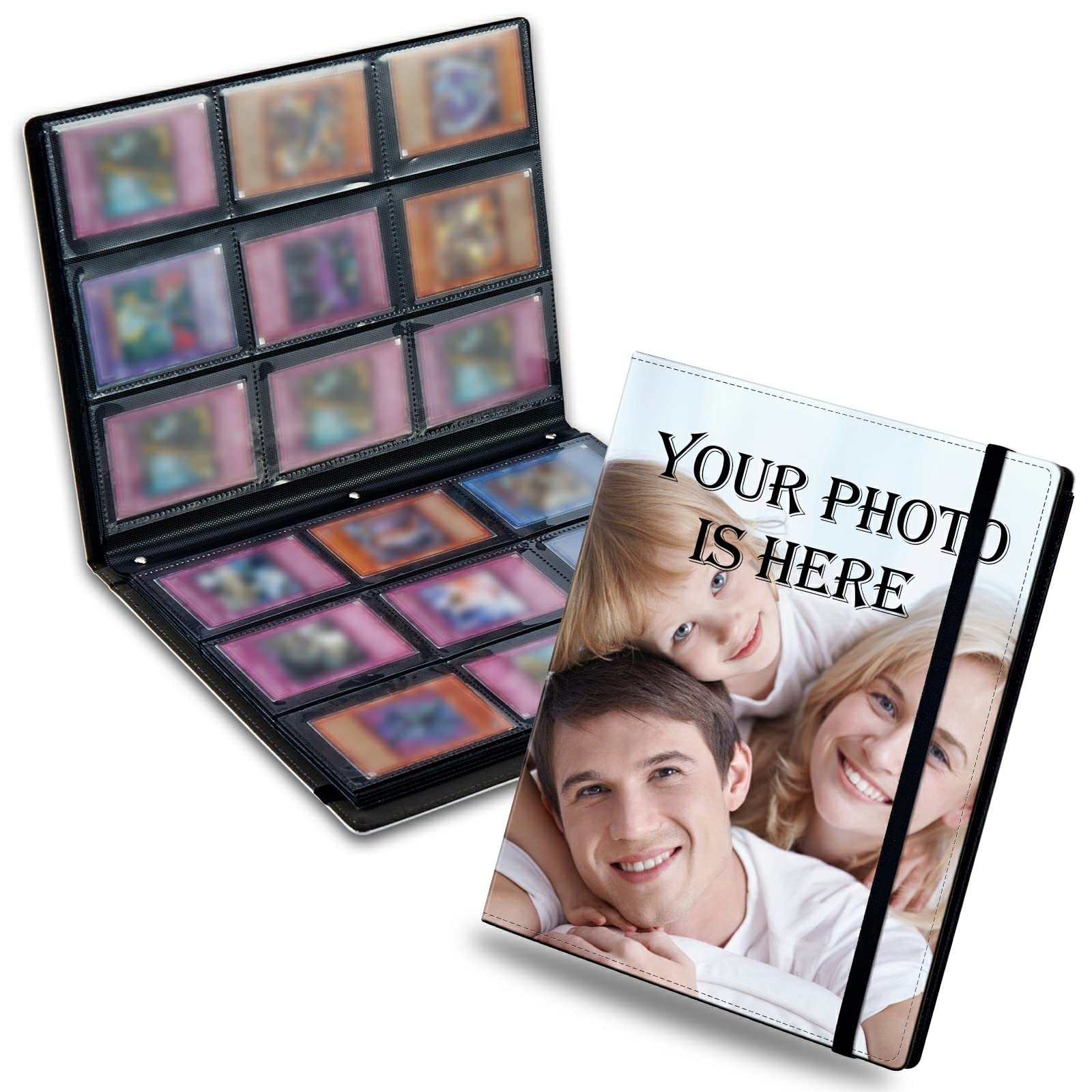 Design Your Own Trading Card Binder, Custom 360 Pockets with 10 Pages, Personalized Photo Phone PU Card Book Organizer with Elastic Strap for TCG Sports Cards Collection Protection