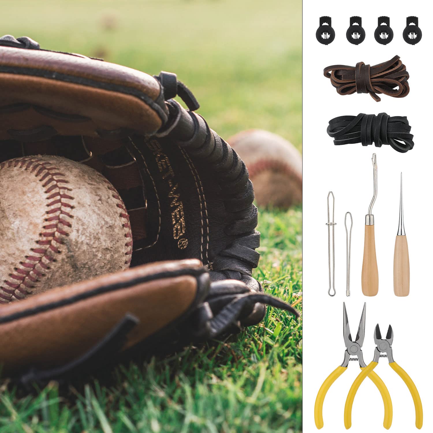 Luter 12pcs Kit de Réparation de Gant de Baseball, Dentelle kit de Cordon pour Gants de Softball Comprenant des Bandes Un Enfileur de Dessin des Verrous de Gant avec Une Boîte d'Accessoires De Gant