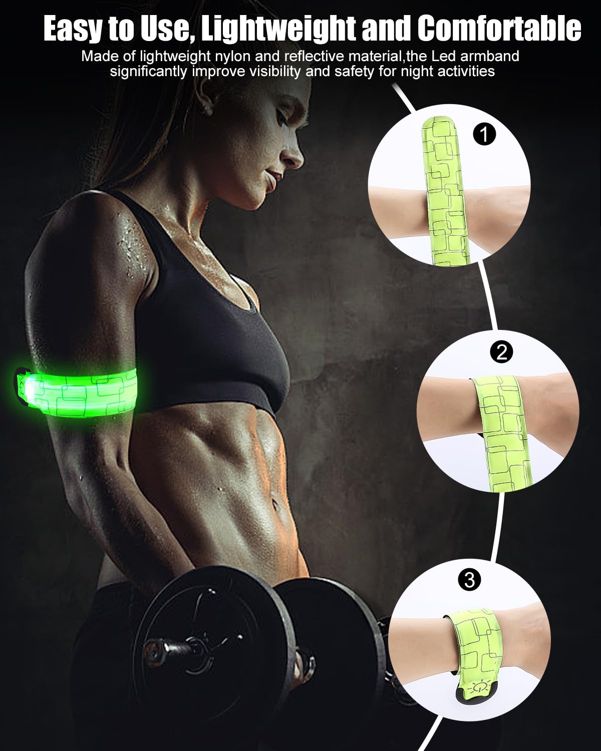 Brassard Lumineux LED Rechargeable USB - 2 Pièces | Pour Course, Cyclisme, Jogging Nocturne | Ajustable, 3 Modes, 35 Cm
