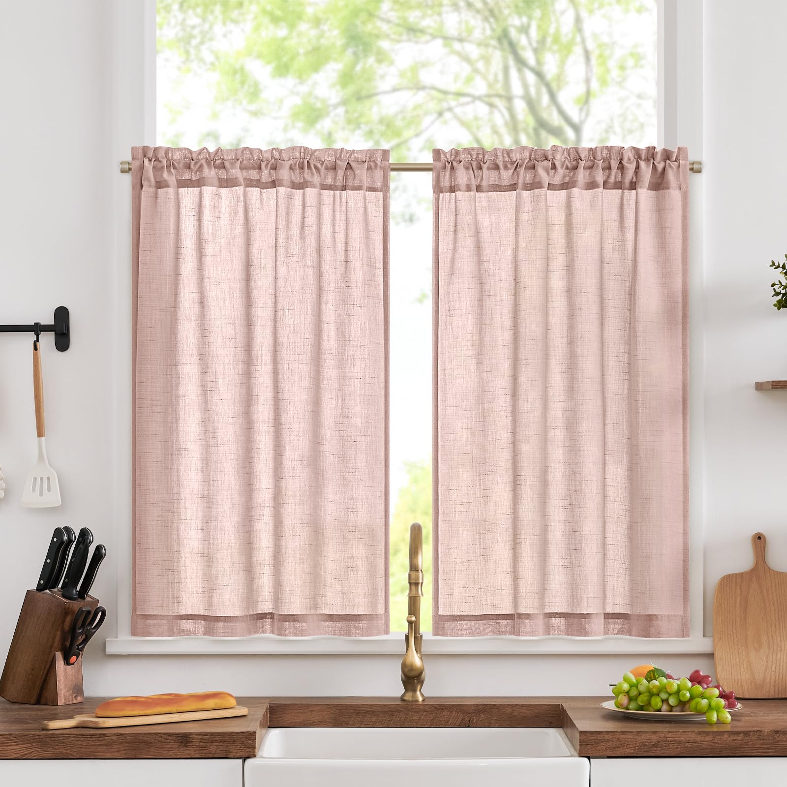 TOPICK Linen Blend Kitchen Curtains, Cafe Curtains, W26 xL36, Pink, 2 PCS