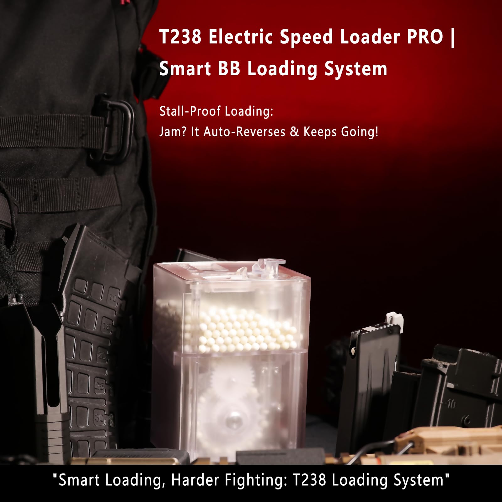 Cargador eléctrico Airsoft Speedloader PRO: cargador automático de revistas, 21 BBS/s, OLED, capacidad 1800rd, 4 adaptadores, protección contra bloqueo, incluye batería de 11,1 V y 1100 mAh