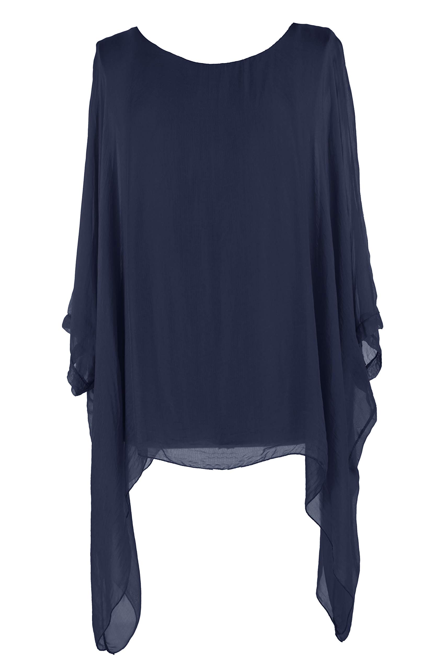 TEXTURE Ladies Womens Italian Lagenlook Batwing Short Sleeve Plain Flowy Silk Kaftan Tunic Top Blouse One Size Plus (Navy, One Size)