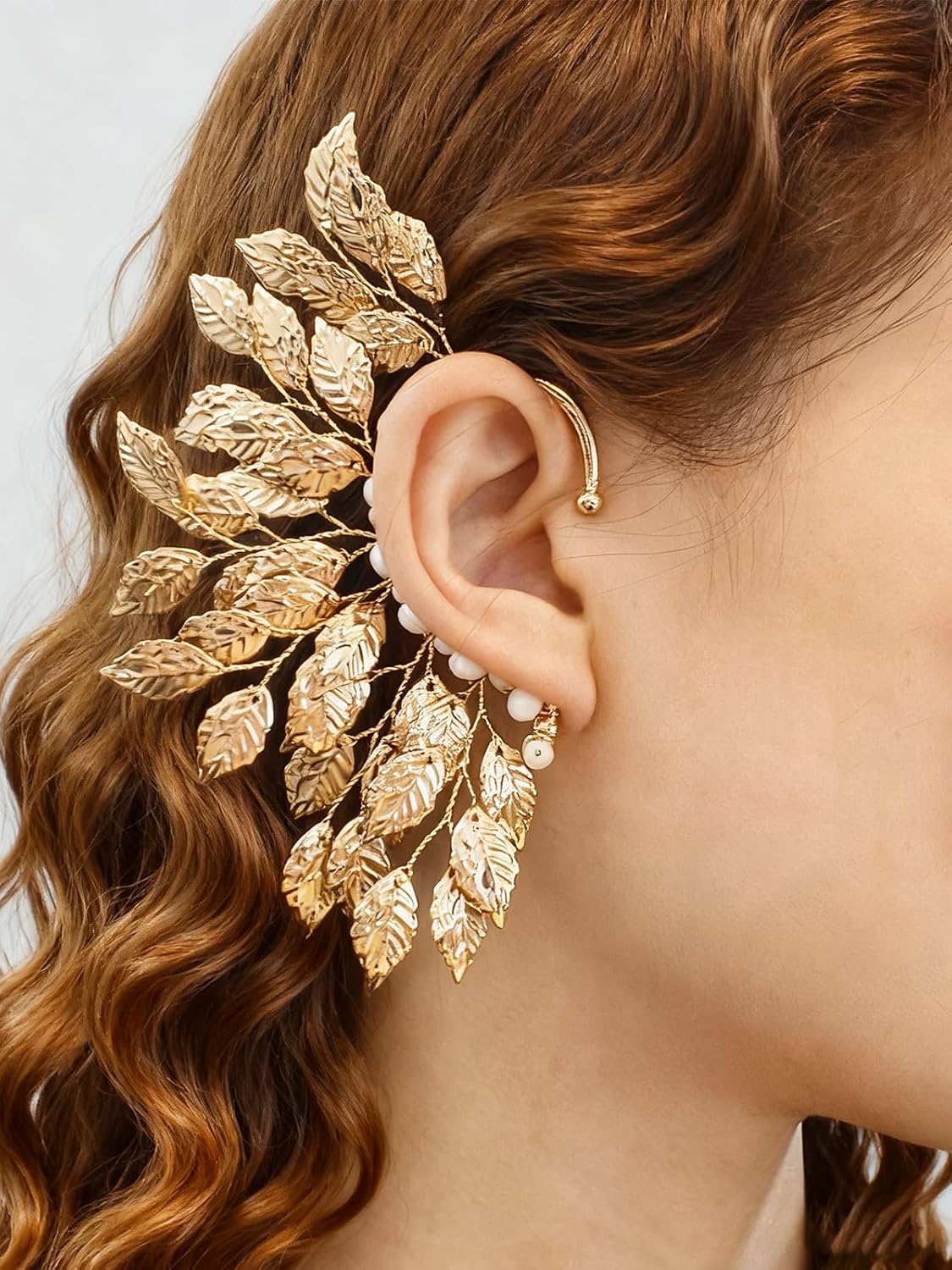 A Pair Elf Ear Cuffs Earrings Handmade Gold Fairy Flower Earrings Crawler Earring Vintage Wing Ear Clip No Piercing Prom Bride Wedding Jewelry Gifts for Women (Gold)