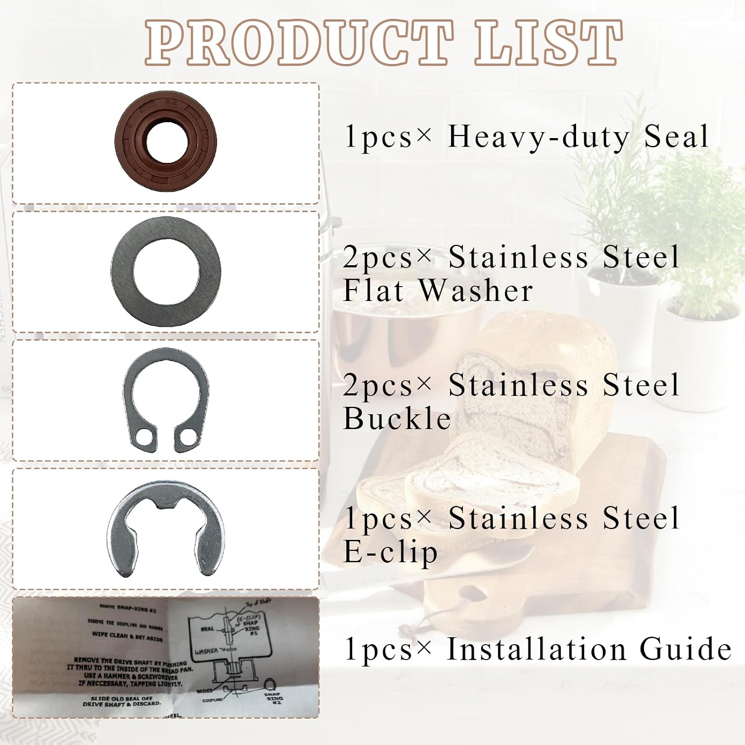6PCS Heavy Duty Pan Seal Kit Fit for Cuisinart Bread Maker Model CBK-100 CBK-100SS Includes Seal Stainless Steel Flat Washer Clip and E-Clip Installation Guide Kitchen Breadmaker Machine Parts