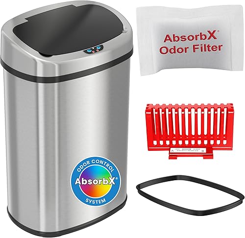 iTouchless Basurero de cocina de acero inoxidable de 50 litros 13 galones con sensor 2.0 Tech tapa sin contacto y filtro de olor AbsorbX, cubo de