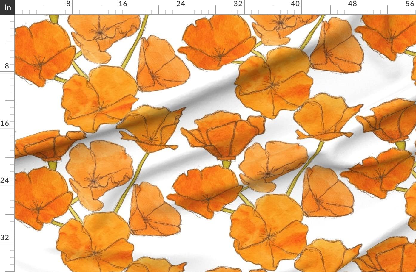 Spoonflower Fabric - California Poppy Watercolor Floral Orange Poppies Large Scale Printed on Denim Fabric by The Yard - Bottomweight Apparel Home Decor Upholstery