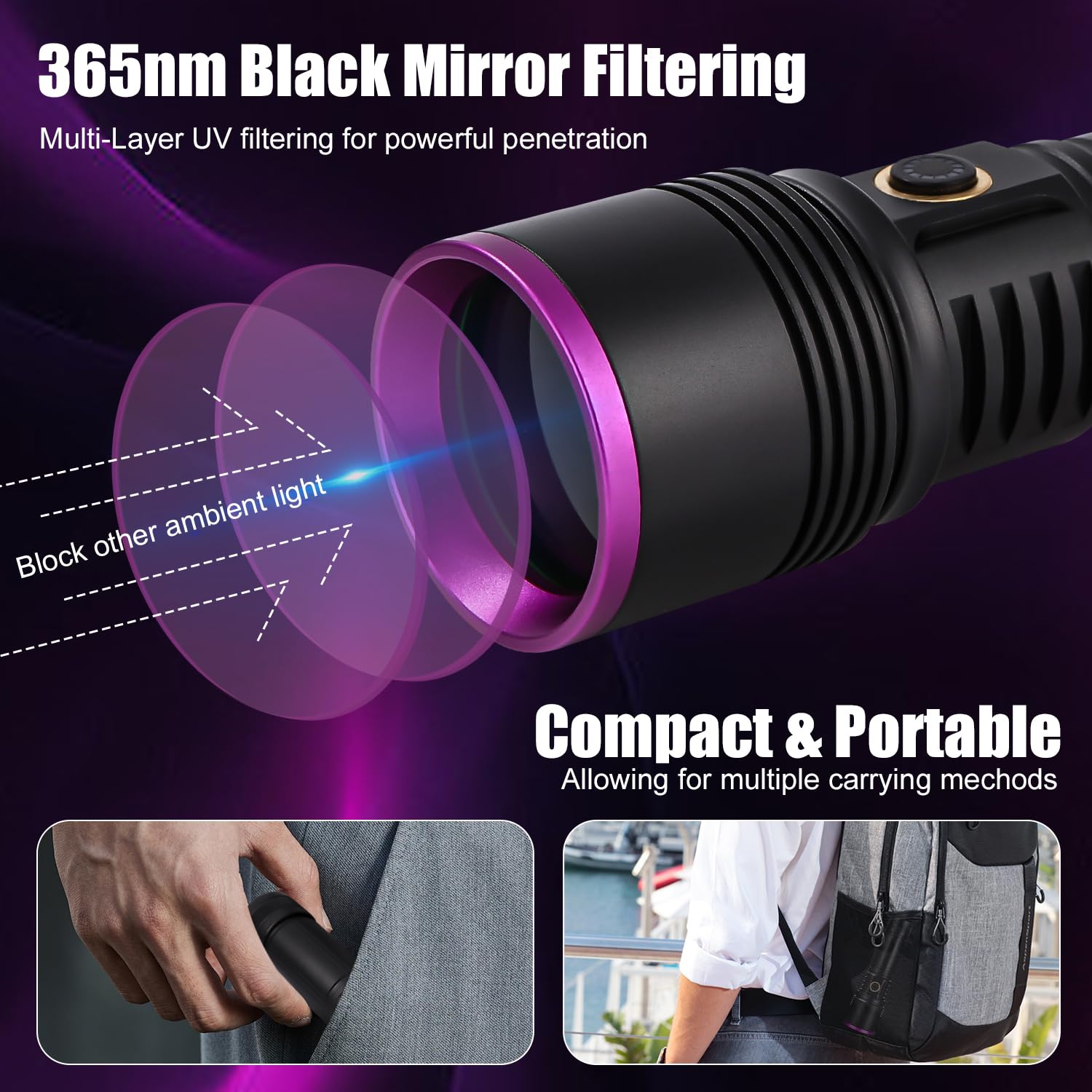 Azyvum UV Taschenlampe 20W,USB Aufladbar Schwarzlicht Taschenlampe,365nm UV Lampe Für Bernstein,Epoxidharz,Erkennung von Haustierurin,Mineralien,Reisen,Flecken für Hunde und Katzen