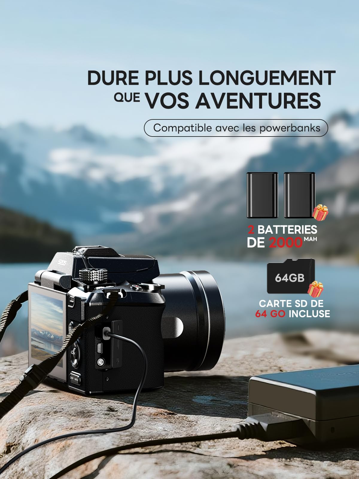 NBD Appareil Photo Numérique 8K 64MP, Autofocus, Zoom Numérique 16X, Noir | Écran 180°, WiFi, griffe flash, 2 batteries, carte 64Go, 8K/15FPS, 4K/60FPS, micro-HDMI, vlog