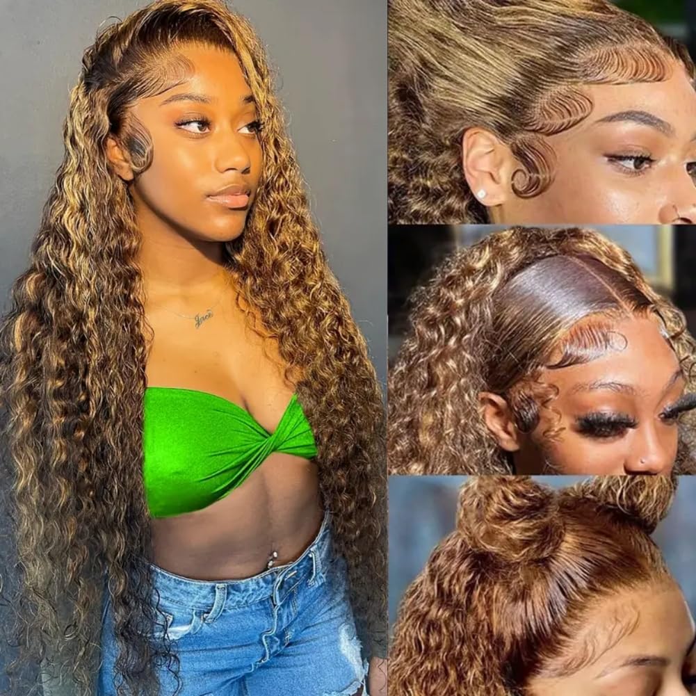 Leximi Honey Blonde 13x4 Deep Wave Lace Front Wigs Human Hair Pre Plucked with Baby Hair 4/27 Highlight Glueless HD Transparent Lace Frontal Wigs for