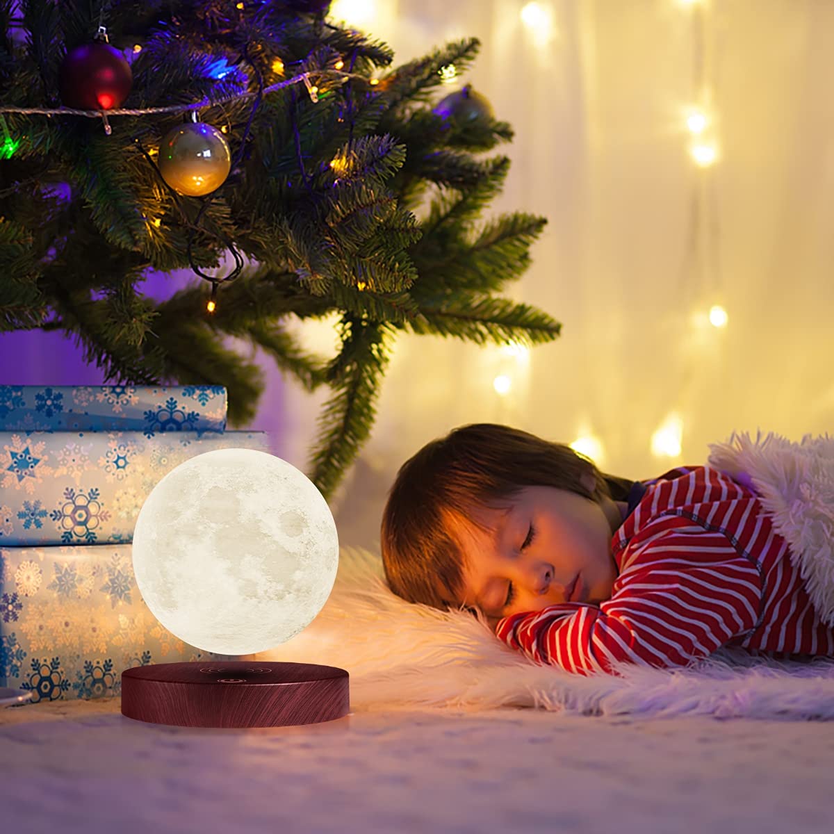 schwebende Mondlampe, die frei in der Luft schwebt und sich dreht, cdekoratives Licht für Kinderliebhaberfreunde (Runde Basis)