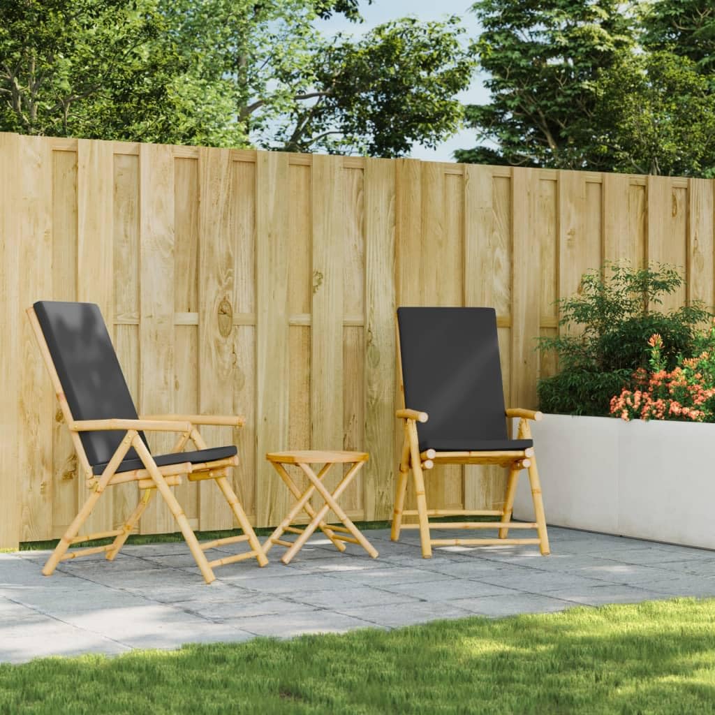 Set bistrot pieghevole con cuscini 3 pezzi bambù grigio scuro set di mobili da tavolo e sedie, per terrazza, tipo bistrot, piccoli balconi, terrazze