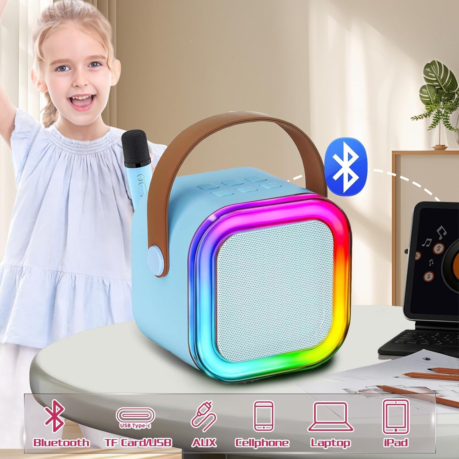 Karaoke Machine for Kids,2025New Mini Portable Karaoke Toys, Karaoke Speaker with 2 Wireless Microphone & Light for Home Party for Adults (Blue-2Mic) - Image 3