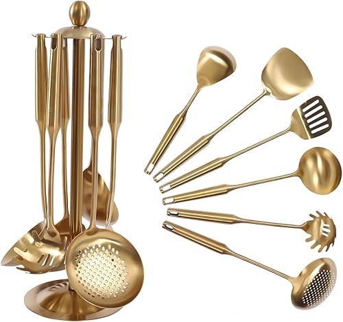 Juego de utensilios de cocina dorados, 7 herramientas de cocina de acero inoxidable 304 con cuchara ranurada, espátula ranurada, cuchara de arroz,