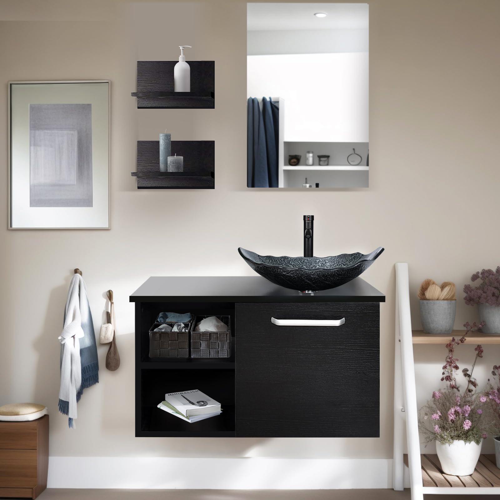 YU YUSING Juego de Muebles de baño, Armario para Debajo del Lavabo, Armario baño con Espejo, 2 estantes Pared, Juego Grifo (Plata)