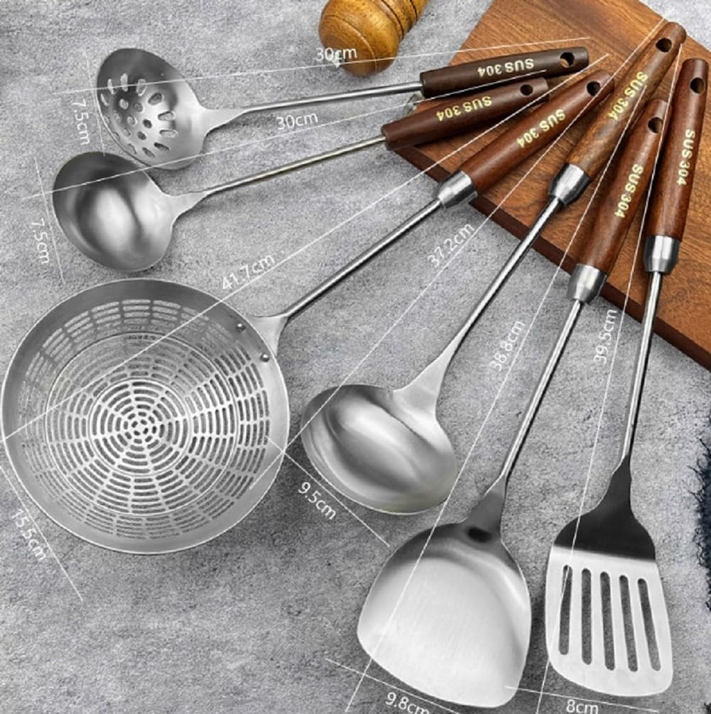 Set di utensili da cucina – 6 cucchiai e spatole in acciaio inox resistenti al calore con fori per appenderli, antiaderenti e lavabili in lavastoviglie