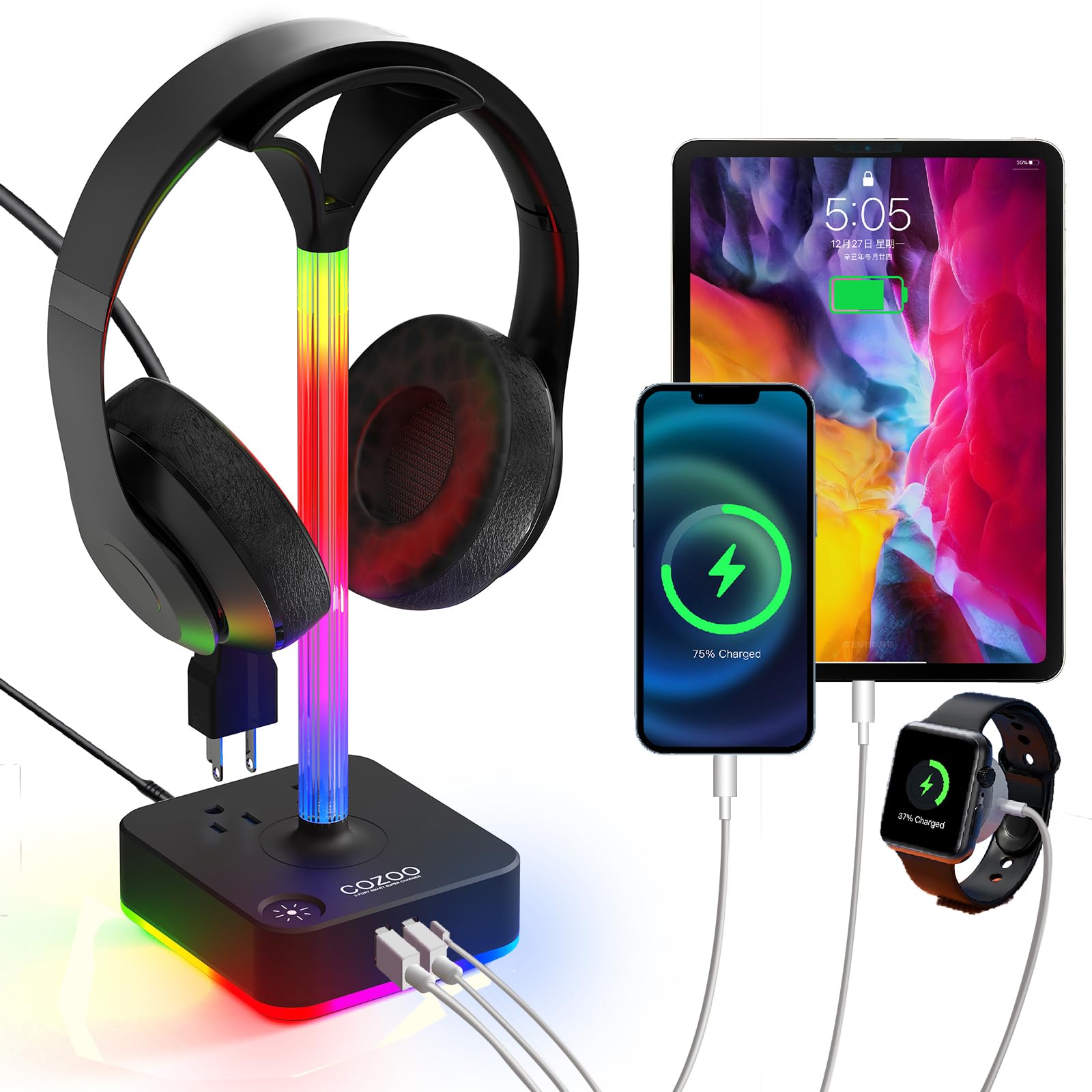 cozoo RGB Headphone Stand with Charger 3 USB Ports and 2 AC Outlets,2 USB-A 1 Type C,Desk Gaming Headset Holder with 9 Light Modes,PC Gaming Desk
